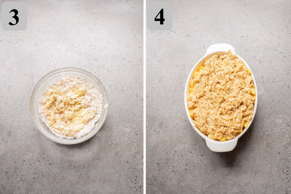 Mix oats, flour, and sugar, rub in cold butter until crumbly, then sprinkle over the pineapple.