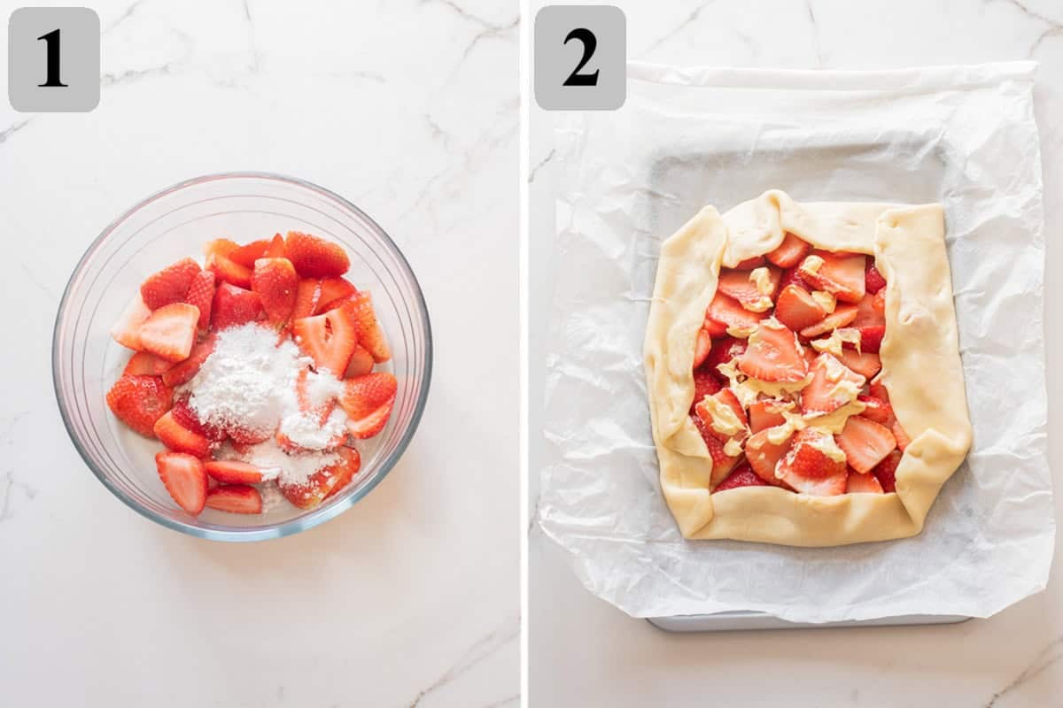 Toss sliced strawberries with sugar, cornstarch, lemon juice, and vanilla.
Roll dough on a lined sheet, add filling to the center (leave a 2-inch border), and dot with butter.