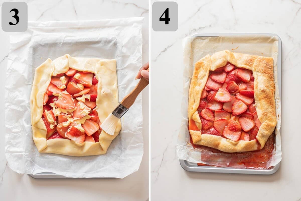 Fold the dough edges over the filling, pleating as you go. Brush with egg wash and sprinkle with sugar.
Bake until golden and bubbling.