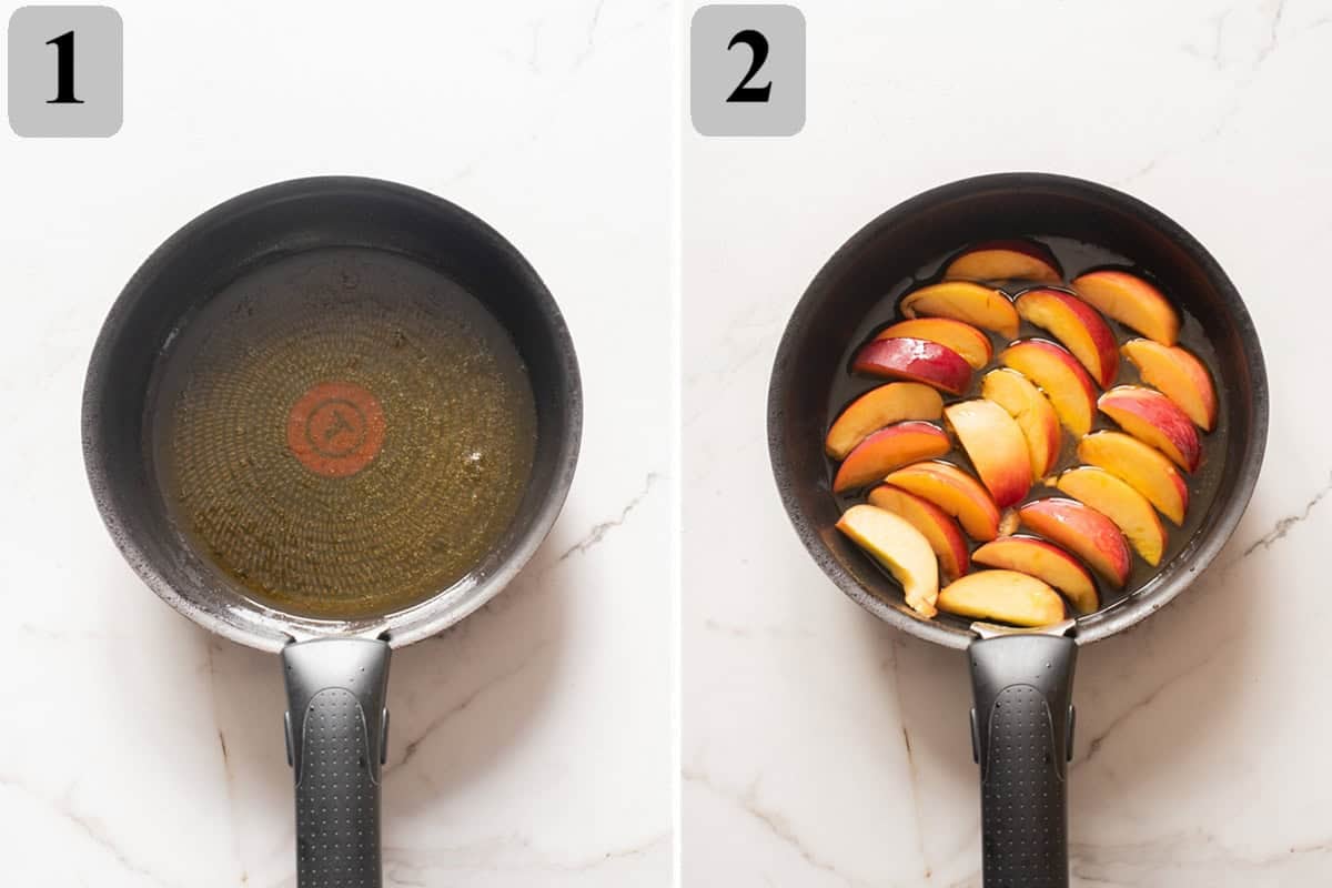 Melt sugar in a skillet until amber, stir in butter, then remove from heat.
Arrange peaches cut-side up, then drizzle with lemon juice, vanilla, and a pinch of salt.