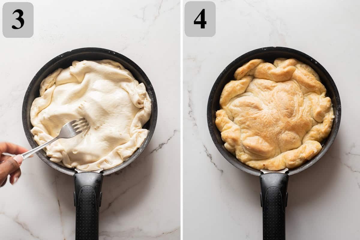 Cover peaches with puff pastry, tuck edges, and prick lightly.
Bake for 30 minutes until golden and bubbling.