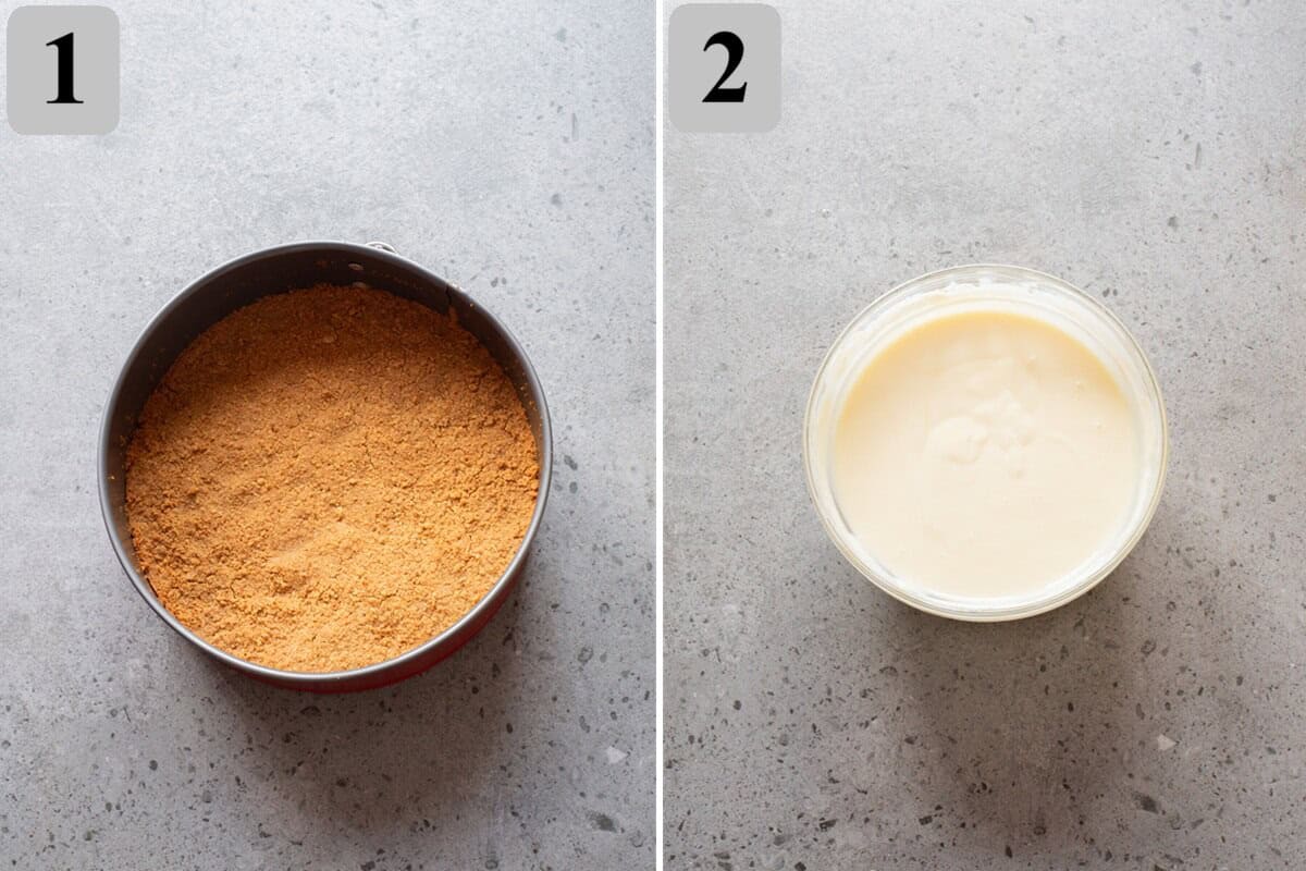 Press crumb crust into the pan and bake, then beat cream cheese with sugar and mix in eggs and vanilla.