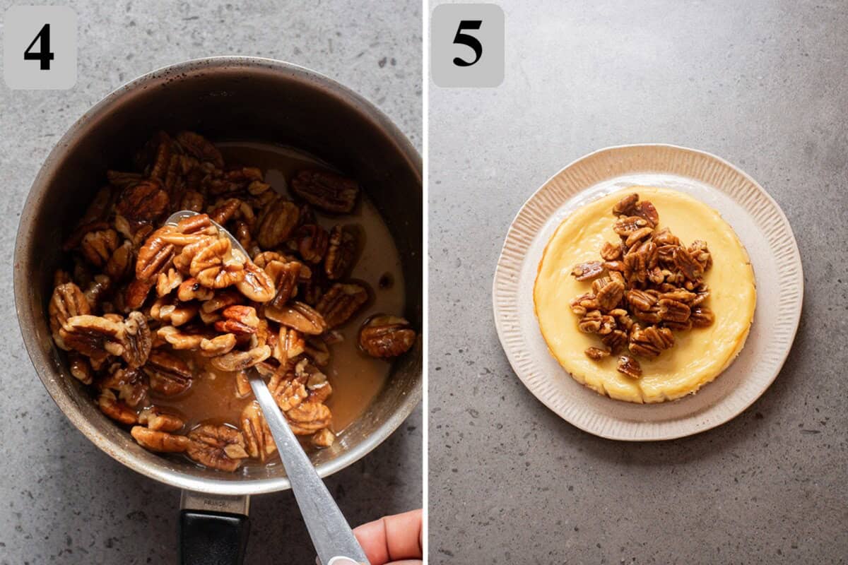 Simmer pecans with maple syrup and cream until glossy, let cool slightly, then spoon over the chilled cheesecake before serving.