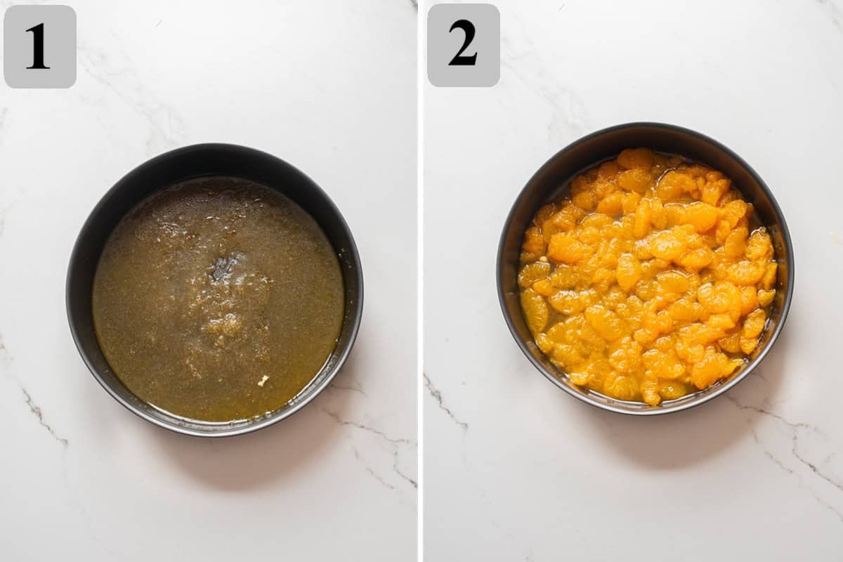 Pour melted butter into an 8-inch pan and sprinkle with brown sugar.
Arrange mandarin segments evenly on top.