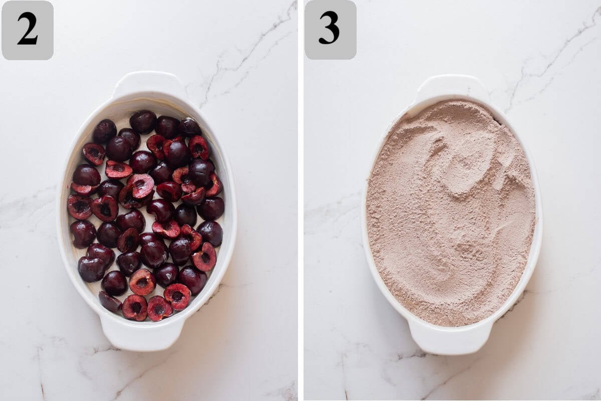 Spread cherry pie filling and. Sprinkle the dry chocolate cake mix evenly over the cherries