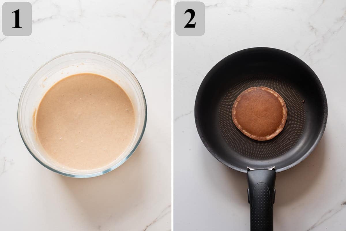 Whisk dry ingredients, add milk, egg, and butter, then cook small pancakes in a greased skillet until golden on both sides.
