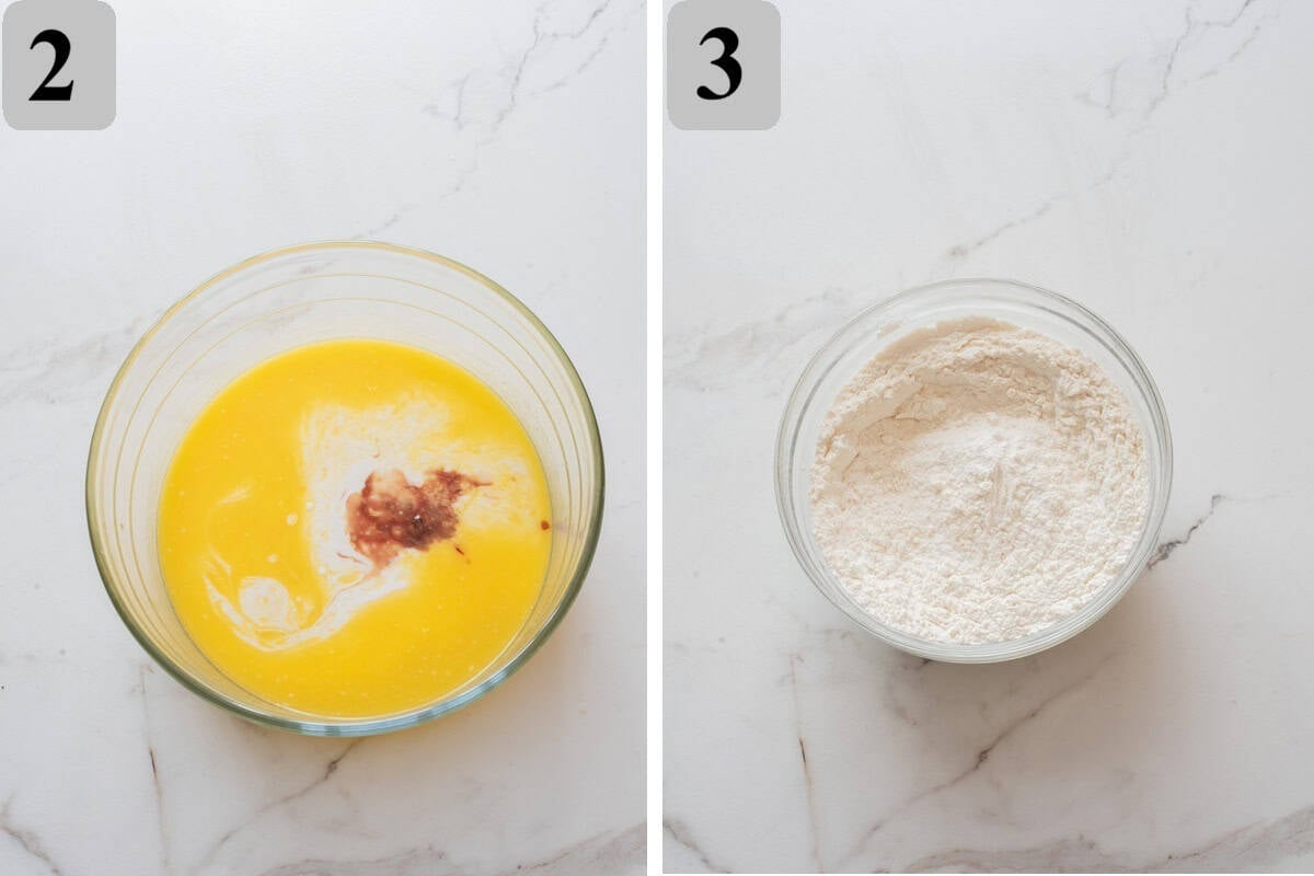 Whisk melted butter and sugar until smooth. Mix flour, baking powder, baking soda, and salt