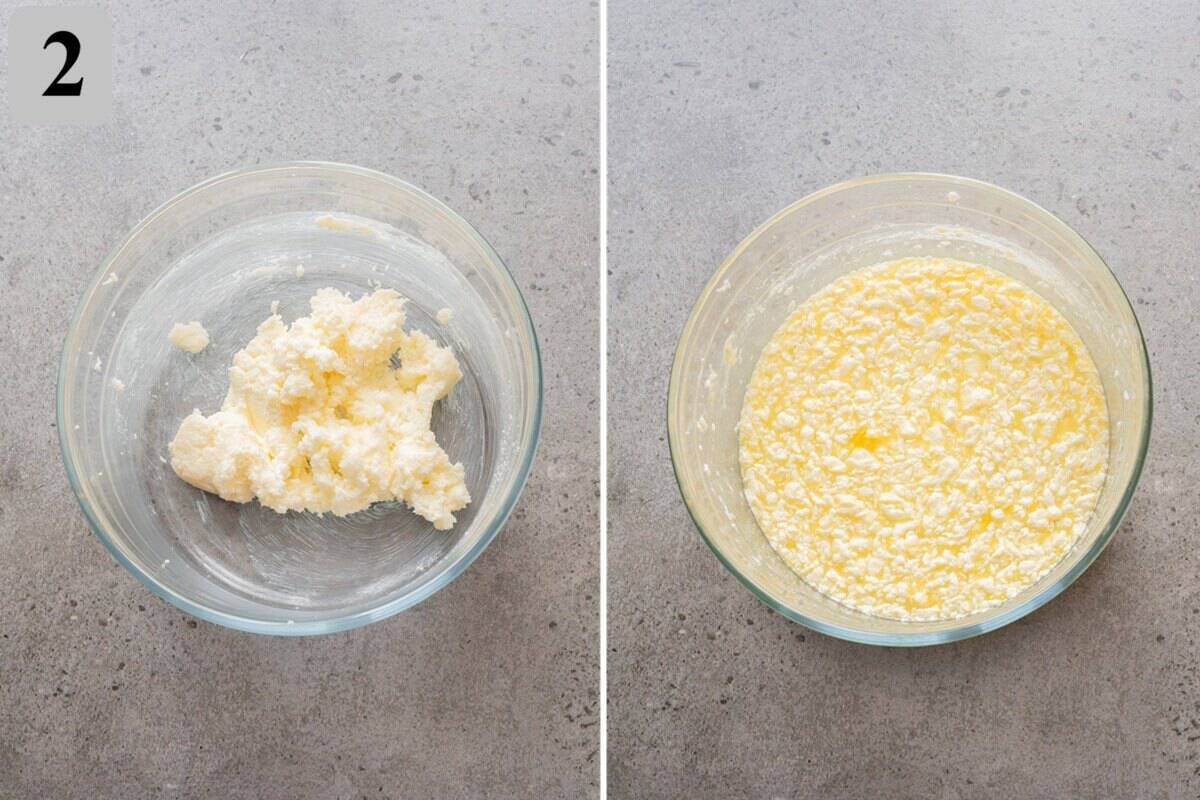 Cream butter and sugar, then beat in eggs one at a time.