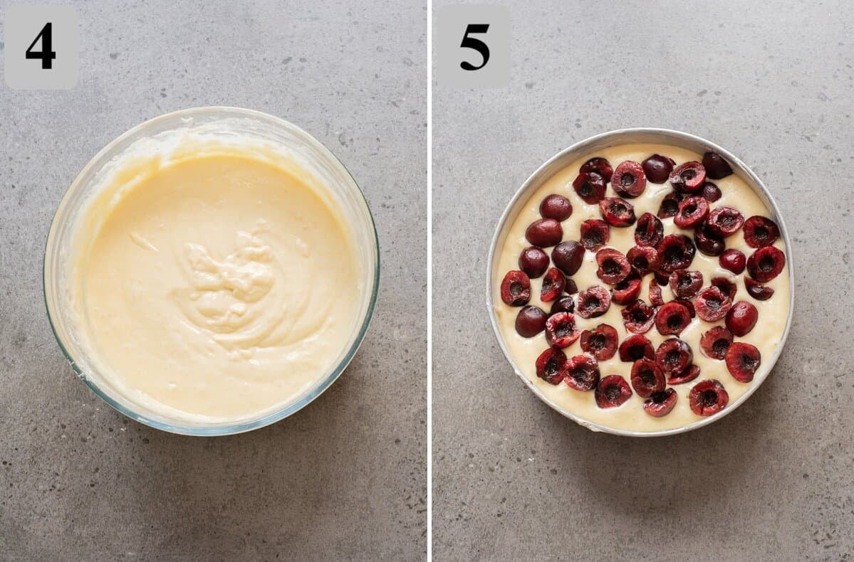 Mix dry ingredients, add with milk to the batter, then pour into the pan and top with cherries.
