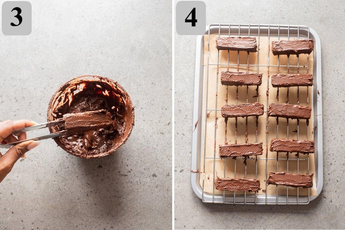Dip wafer stacks in melted chocolate, let excess drip off, place on a lined tray, and chill until set.