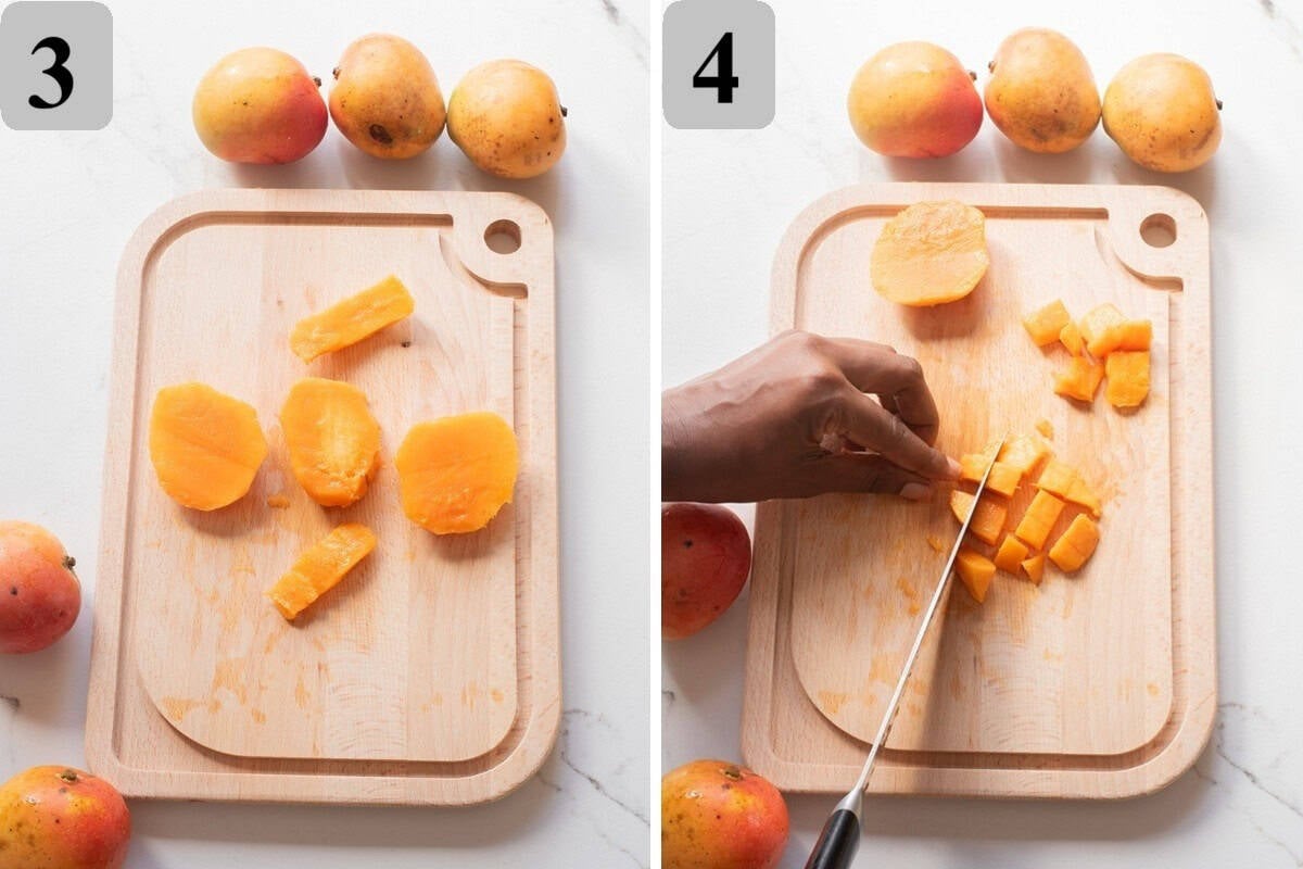 Cut mango into strips, then cubes