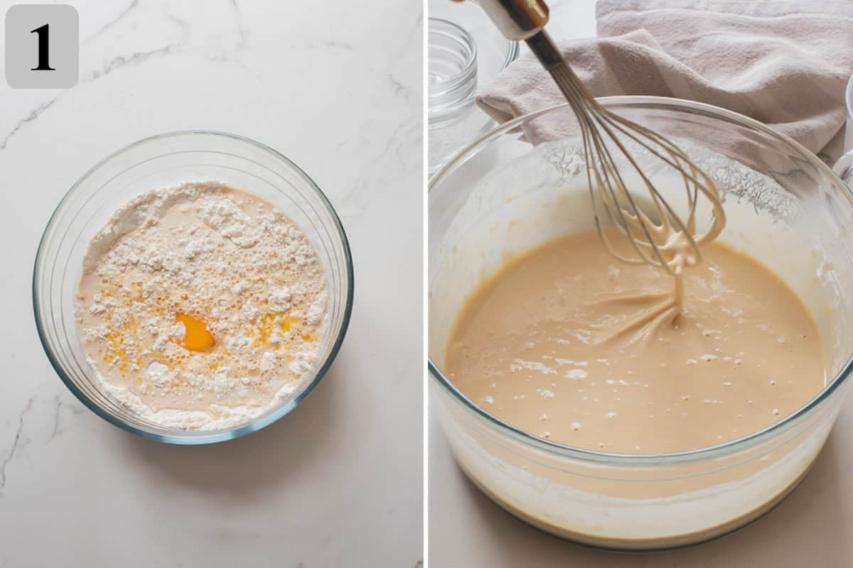 In a bowl, whisk flour, sugar, baking powder, and salt. Add milk, egg, and melted butter and whisk until smooth.