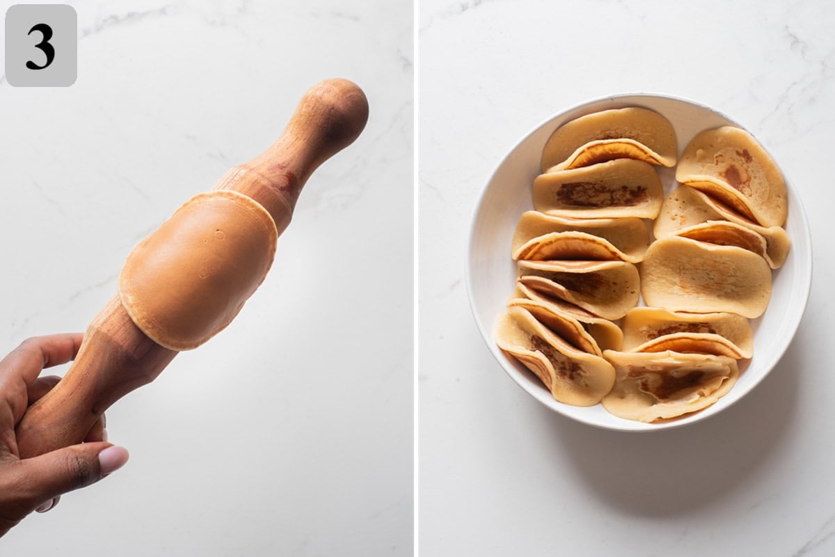 While warm, shape pancakes over a rolling pin or fold into taco forms and let set.
