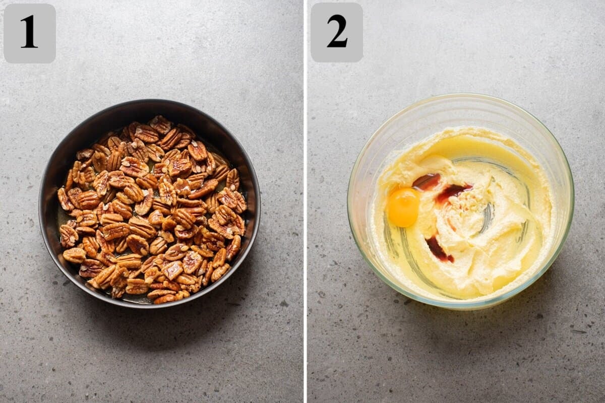 Melt butter in the pan, add brown sugar and pecans, then cream butter and sugar and beat in egg and vanilla.