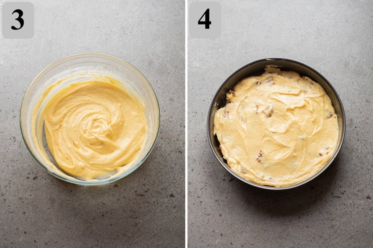 Mix in flour and baking powder just to combine, then gently spread the batter over the pecan topping.