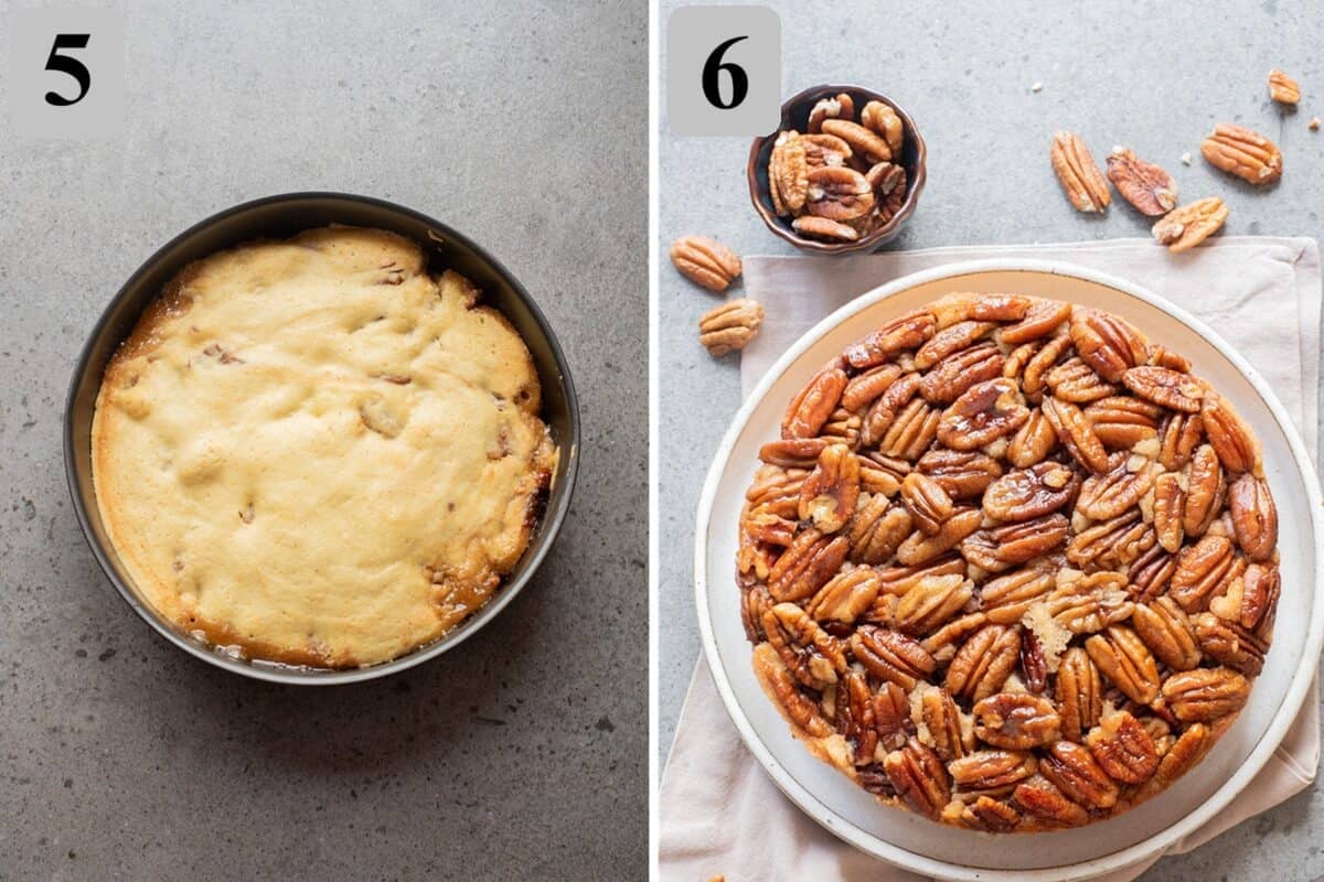 Bake until a toothpick comes out clean, cool briefly, then invert onto a plate while warm.