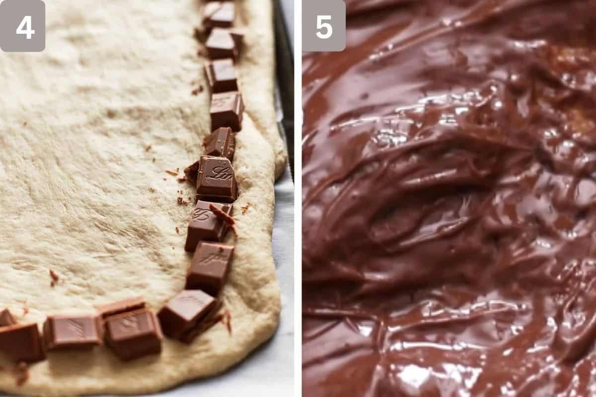 Delicious chocolate blocks placed on the edges of the pizza before baked, and chocolate spread over the pizza after it has been baked