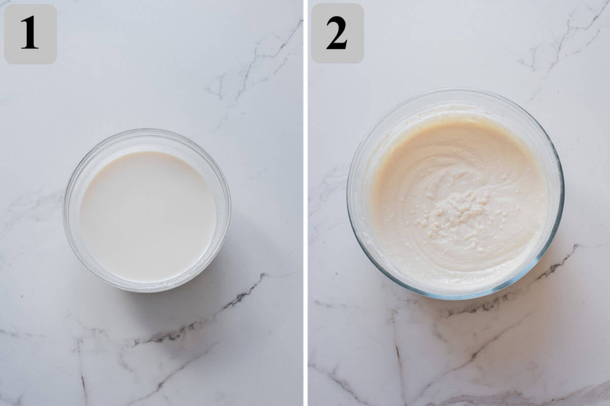 Blend cottage cheese, milk, and vanilla, mix dry ingredients, then stir everything together with melted butter until just combined.