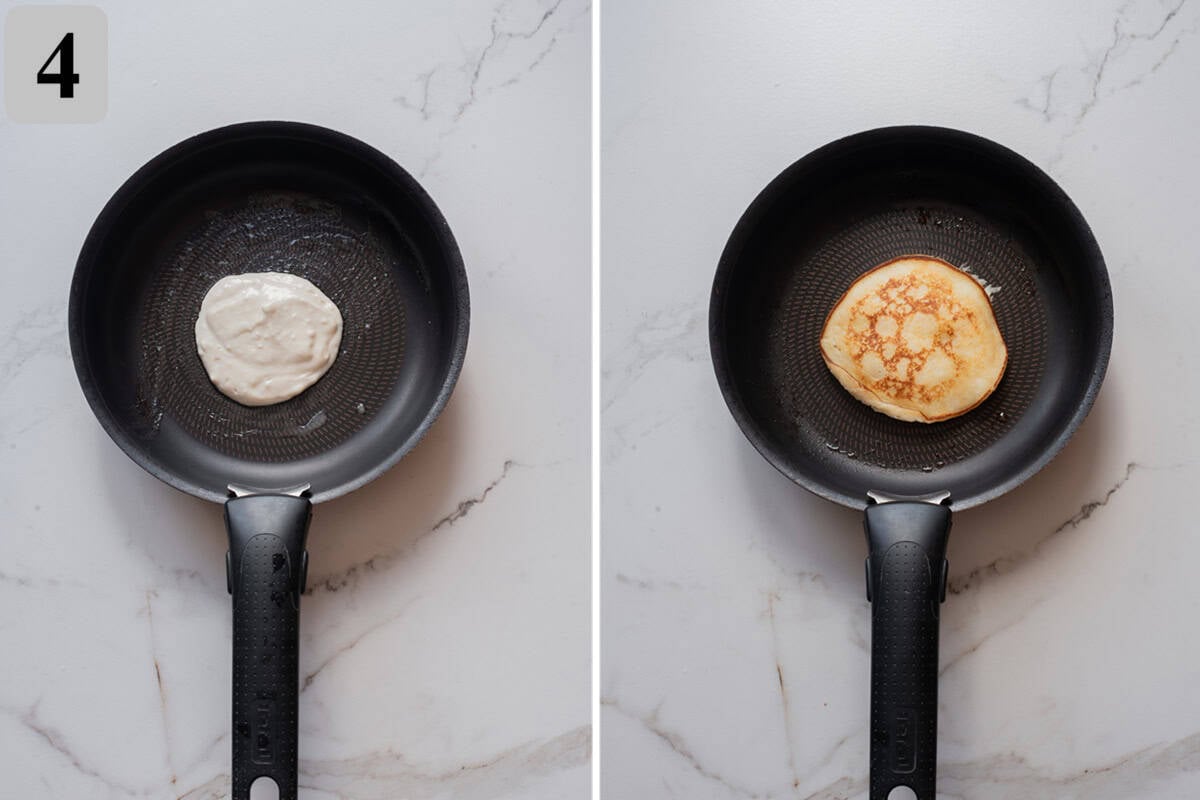 Cook about ¼ cup of batter per pancake until bubbles form on the surface, then flip and cook until golden on the other side.