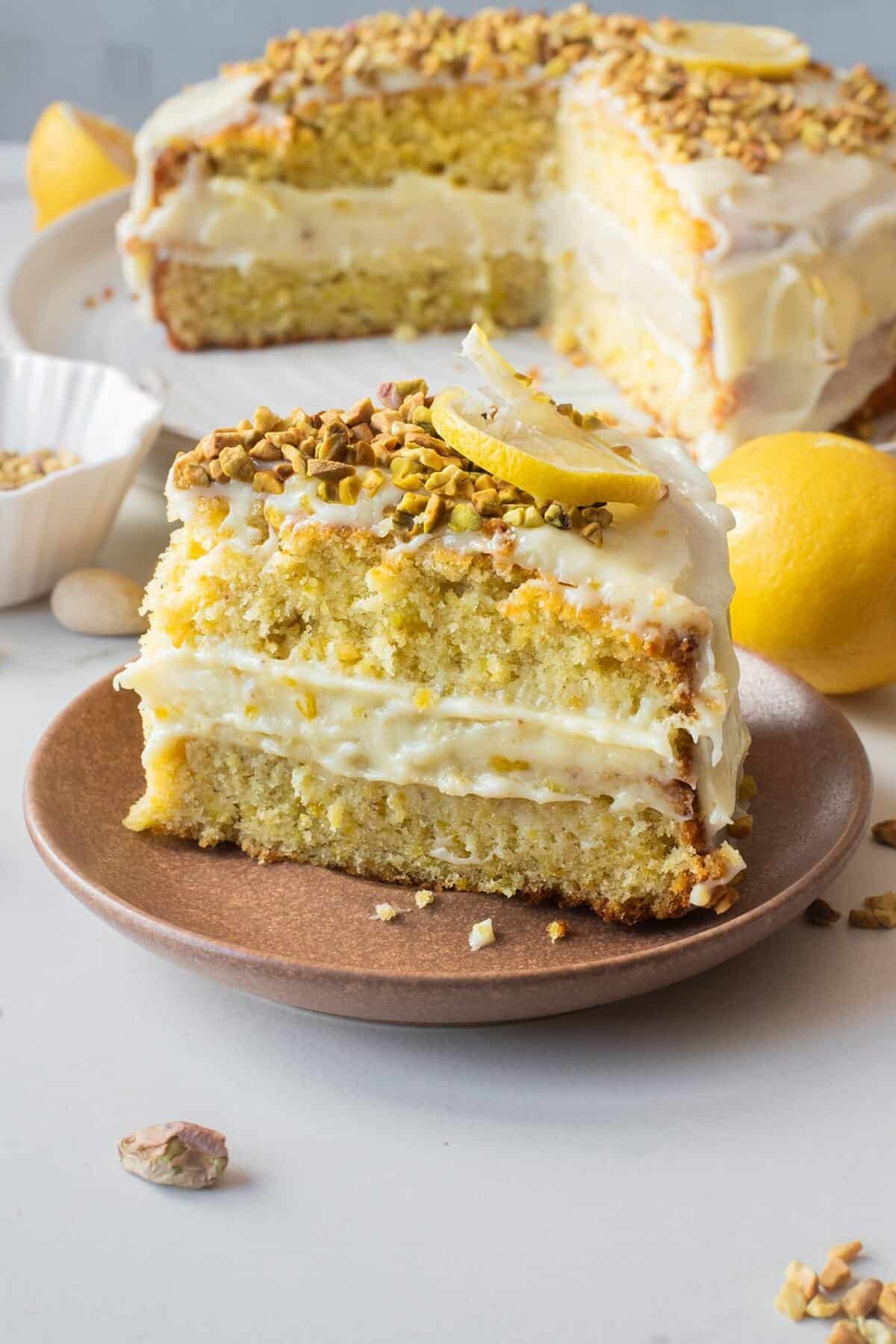 lemon pistachio cake with frosting