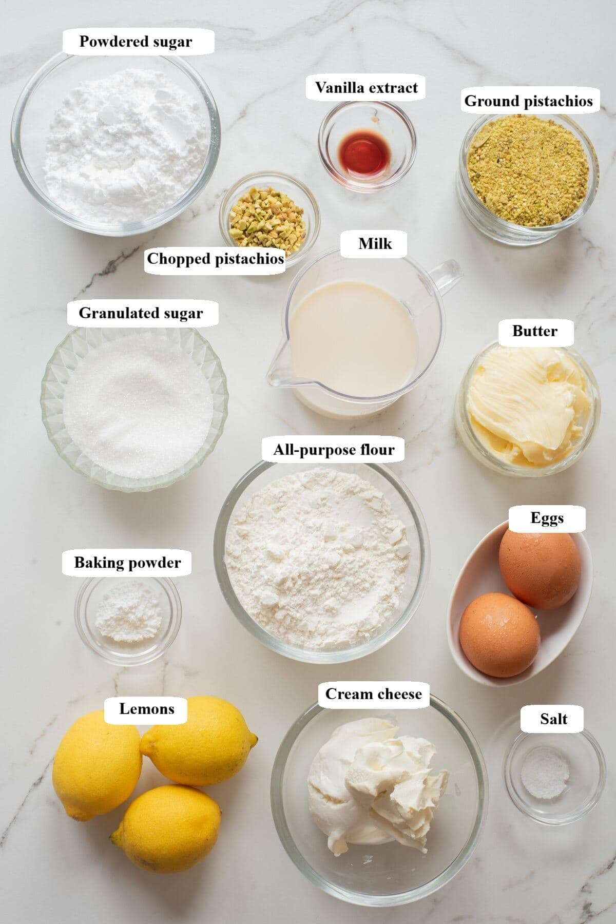 lemon pistachio cake with frosting - ingredients list