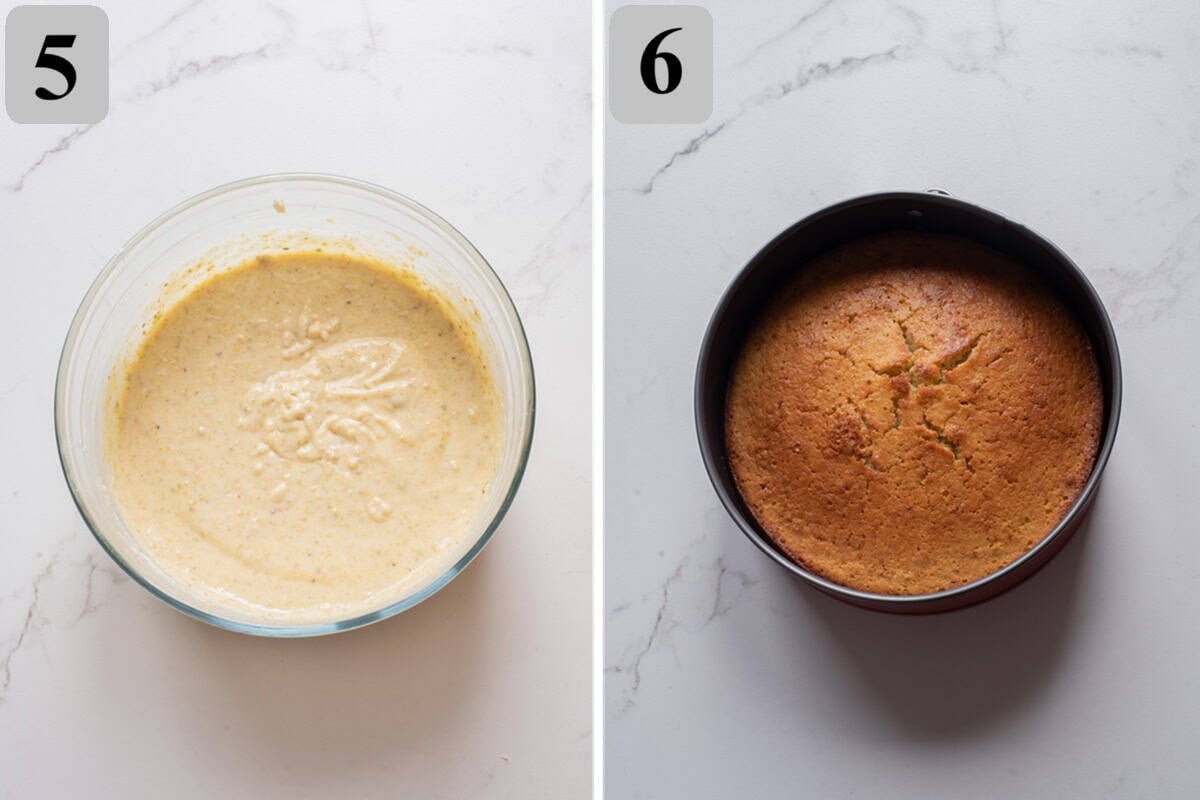 Alternate adding dry ingredients and milk, mix just to combine, then bake 30–35 minutes until a toothpick comes out clean.