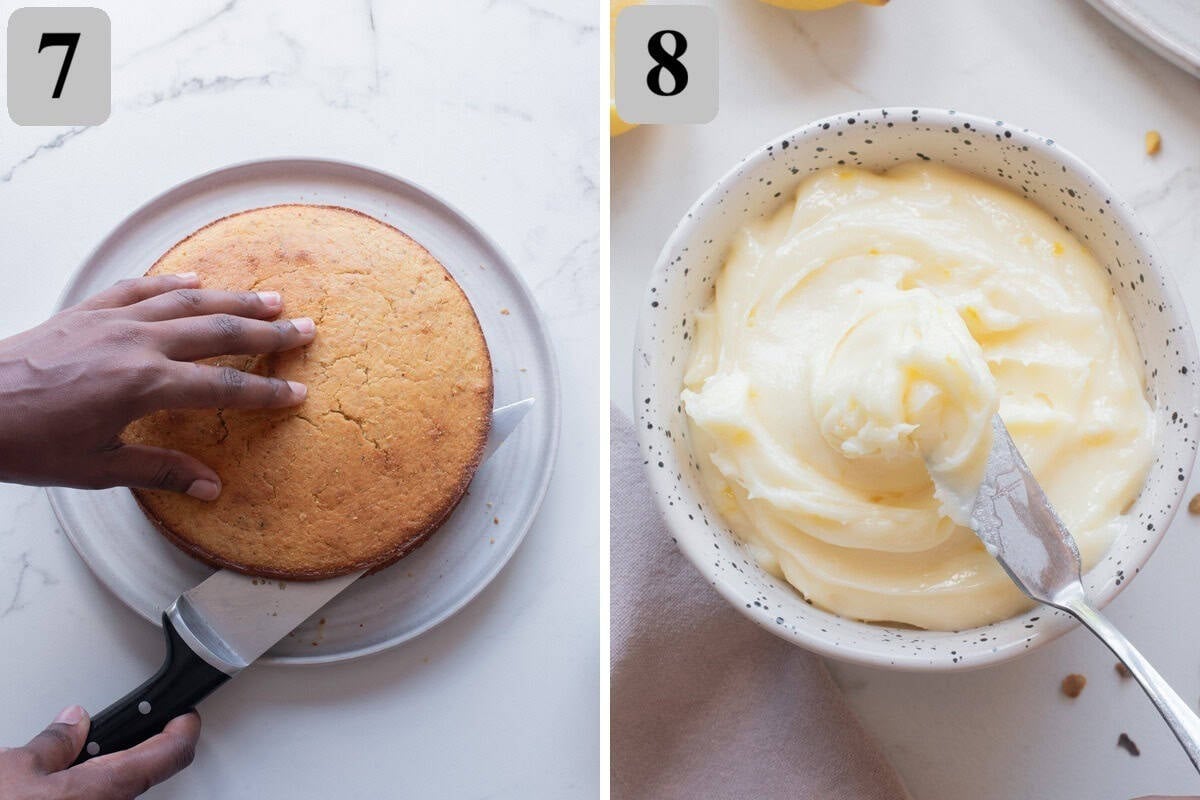 Cool the cake, slice into two layers, then beat cream cheese, butter, sugar, and lemon until smooth and spreadable.
