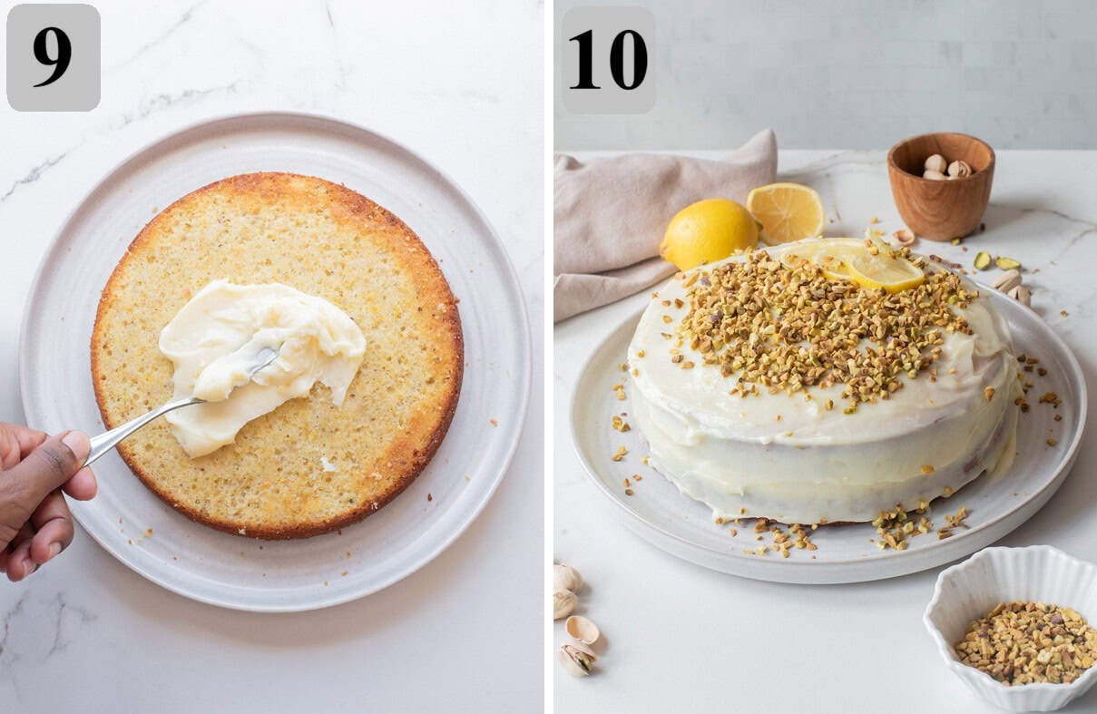 Spread frosting between layers and over the cake, then finish with pistachios and lemon zest.