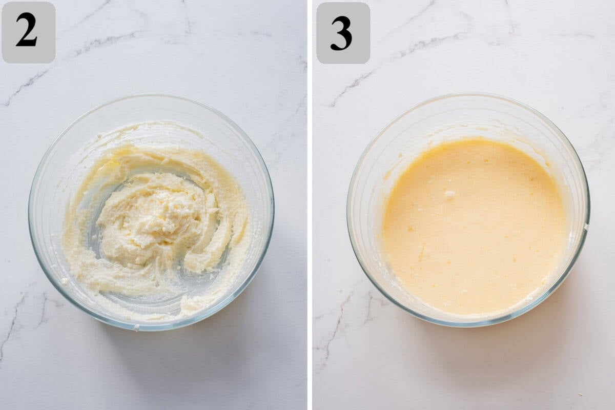 Cream butter and sugar, beat in eggs one at a time, then mix in vanilla, lemon zest, and juice.