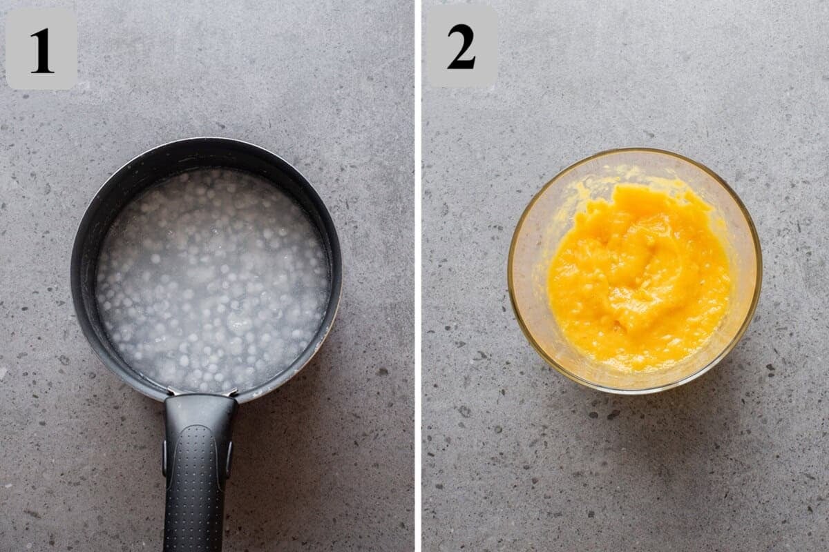 Cook sago until mostly translucent, rinse, then blend half the mango and dice the rest.