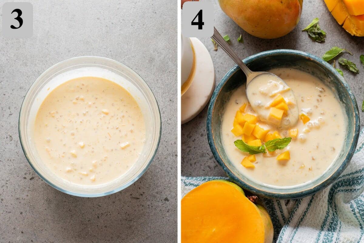 Mix mango purée with the milks and salt, then stir in sago and diced mango.