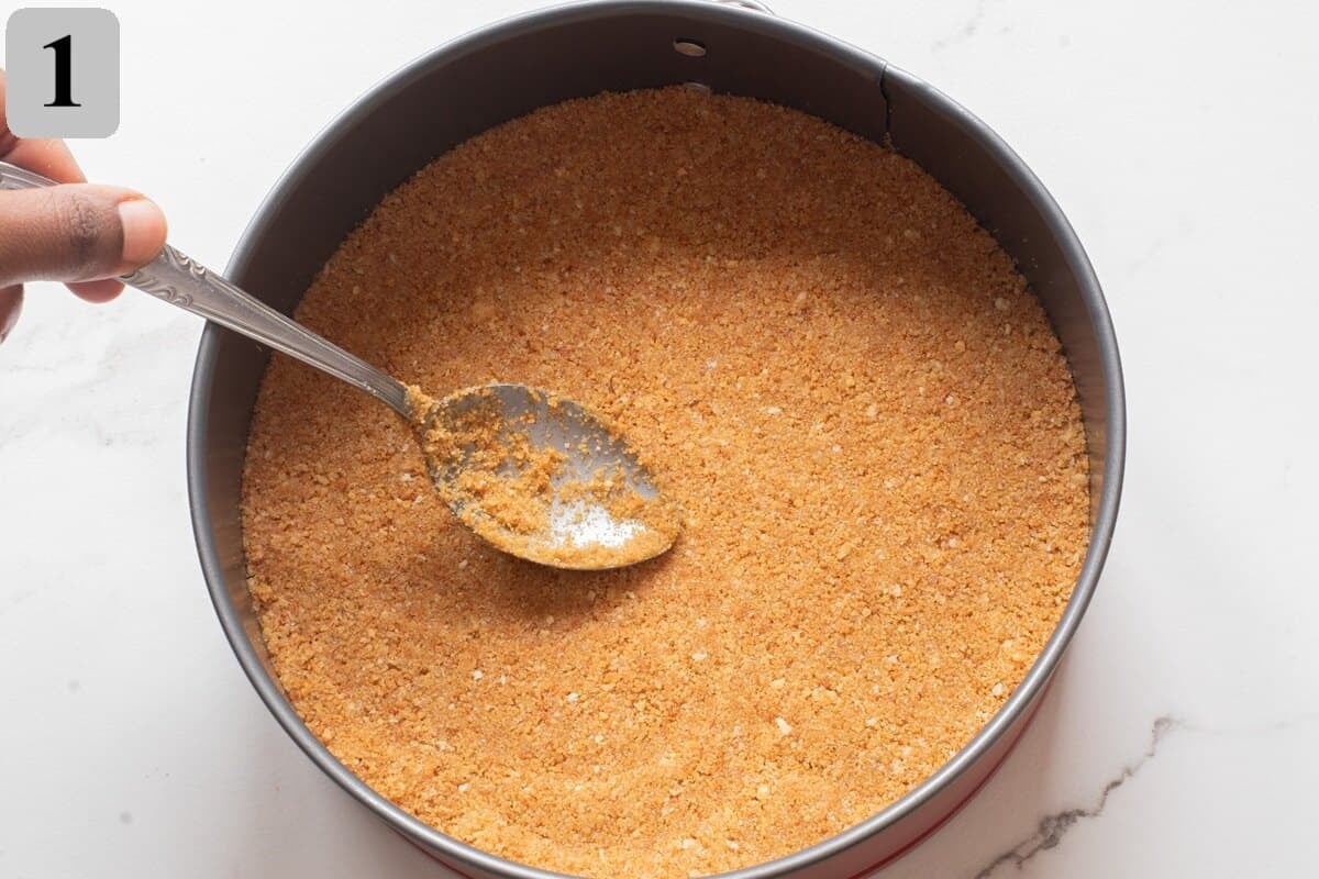 Press firmly into the bottom of a springform pan to form an even crust, then refrigerate while you prepare the filling.