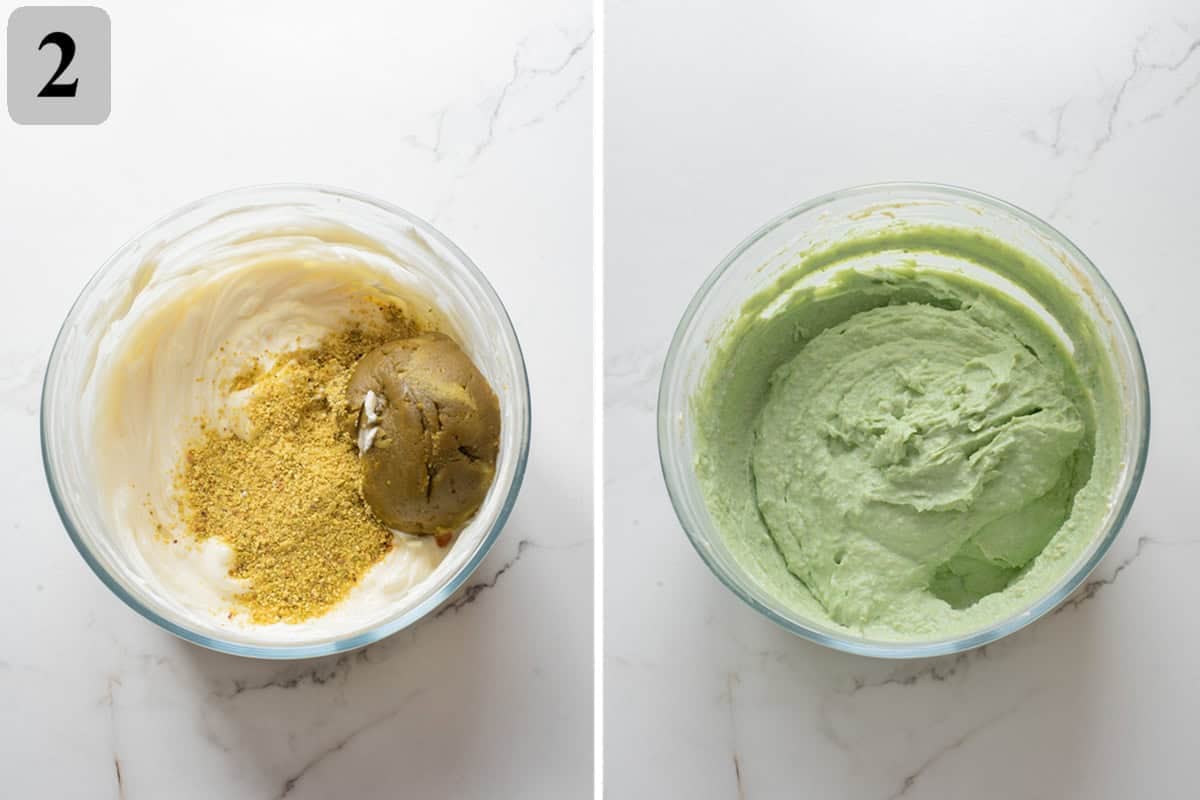 Beat cream cheese and powdered sugar until smooth. Mix in vanilla, pistachio butter, and ground pistachios until combined.