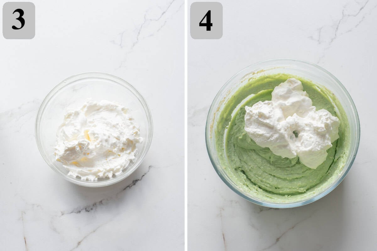 Whip heavy cream to soft peaks, then gently fold into the pistachio mixture until light and fluffy.