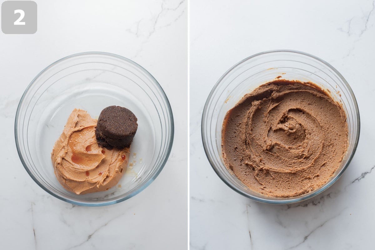 combine peanut butter, sugar, and vanilla