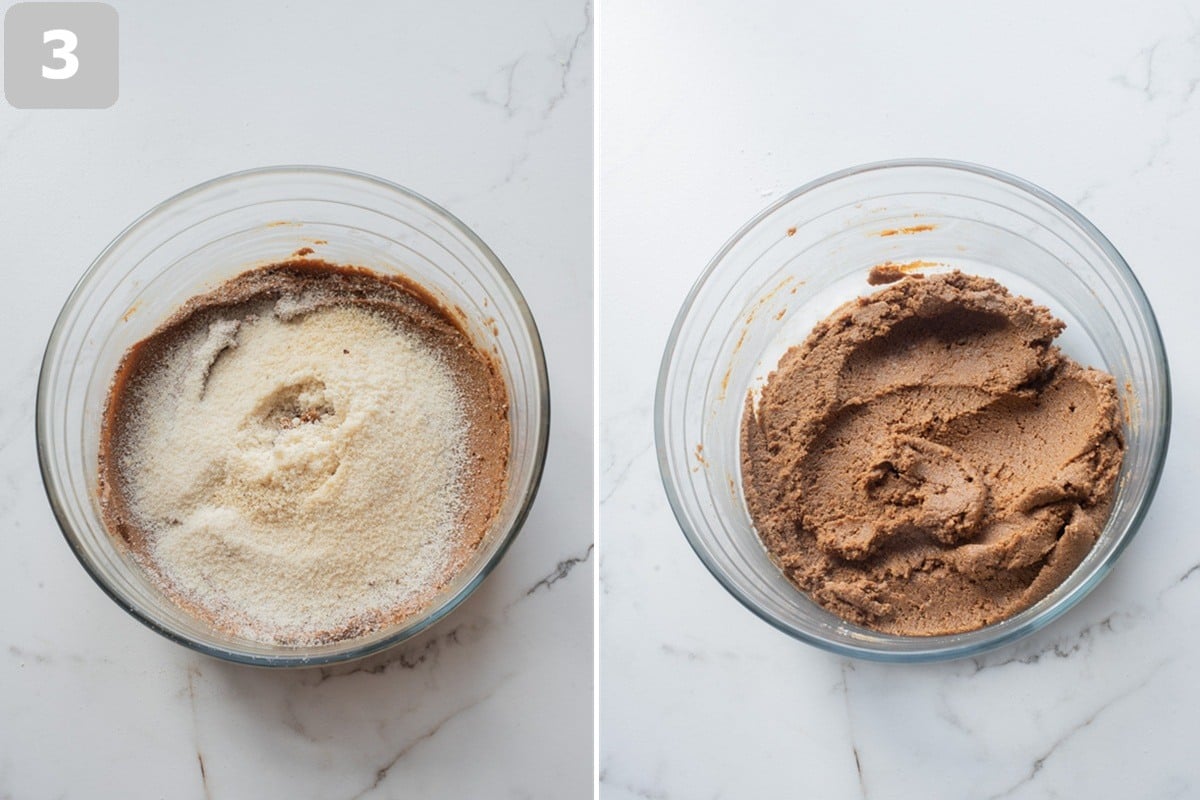 Fold in almond flour and salt to form a soft dough, then let it rest briefly if needed.