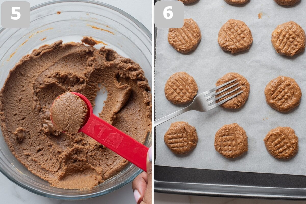 Roll the dough into balls, place on a baking sheet, and flatten with a fork.