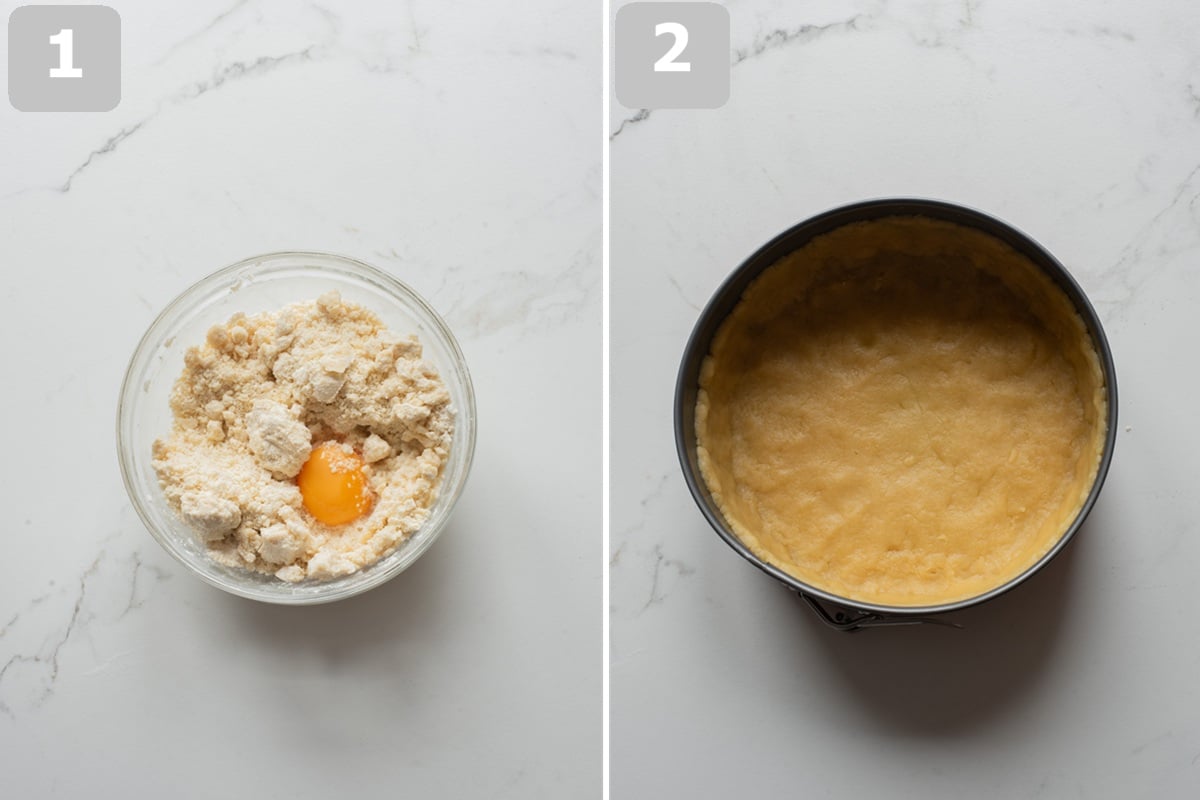 Mix dough ingredients, press into the pan, and chill while making the filling.