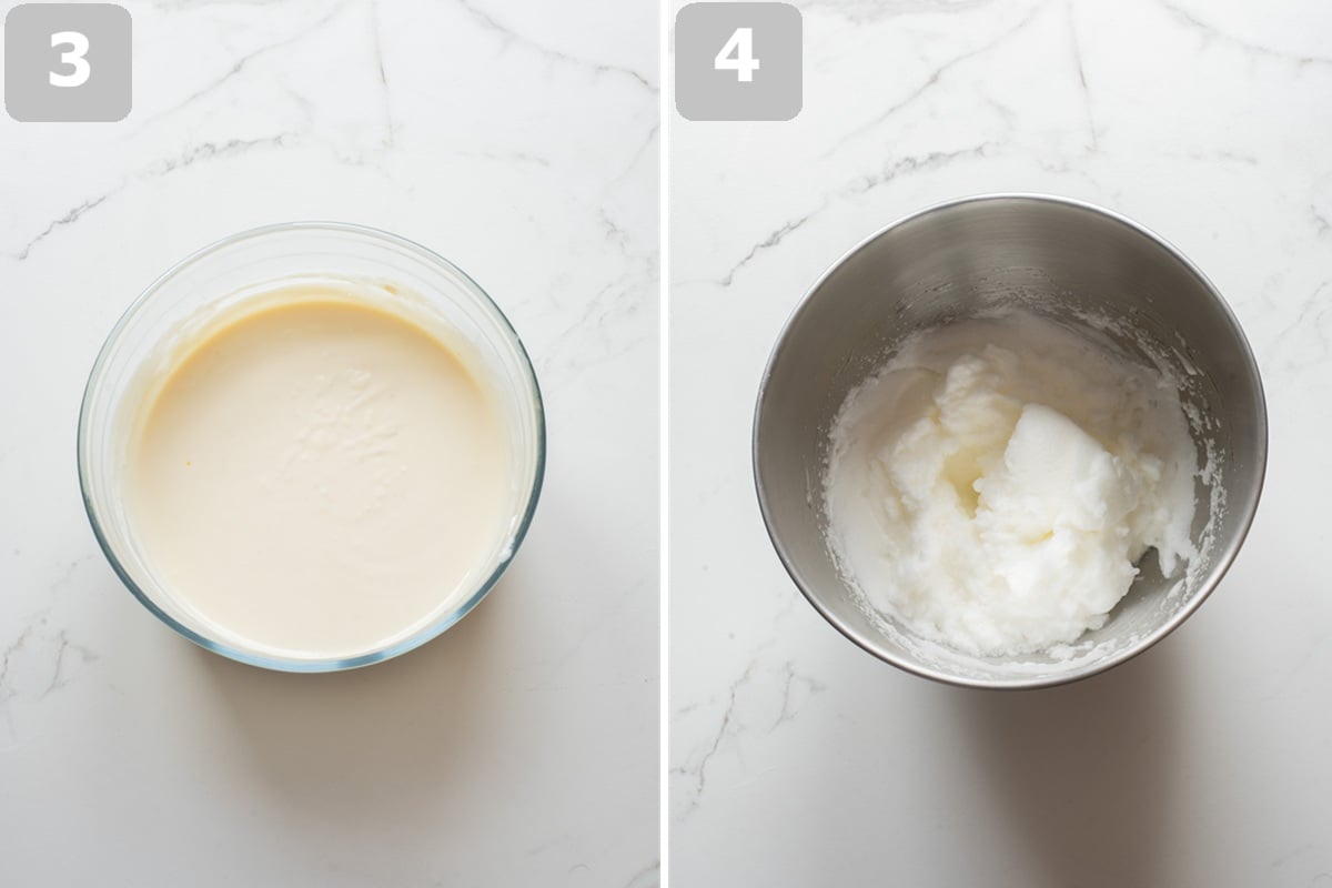 Whisk filling ingredients until smooth, then beat egg whites to soft peaks.