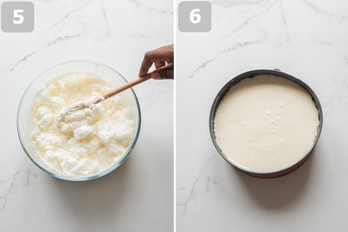Fold whipped egg whites into the filling, then pour into the prepared crust and smooth the top.