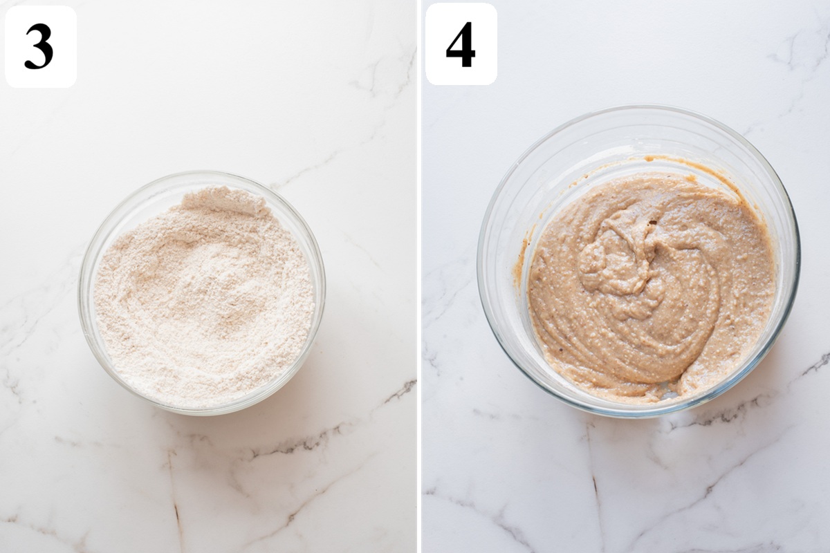 Whisk dry ingredients, then stir them into the wet mixture to form a soft dough and fold in orange peel if using.