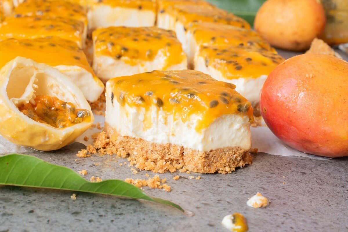 mango passion fruit cheesecake bars no-bake