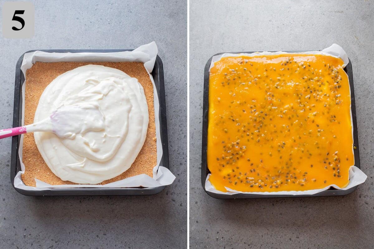 Spread the filling evenly over the chilled crust and smooth the top.