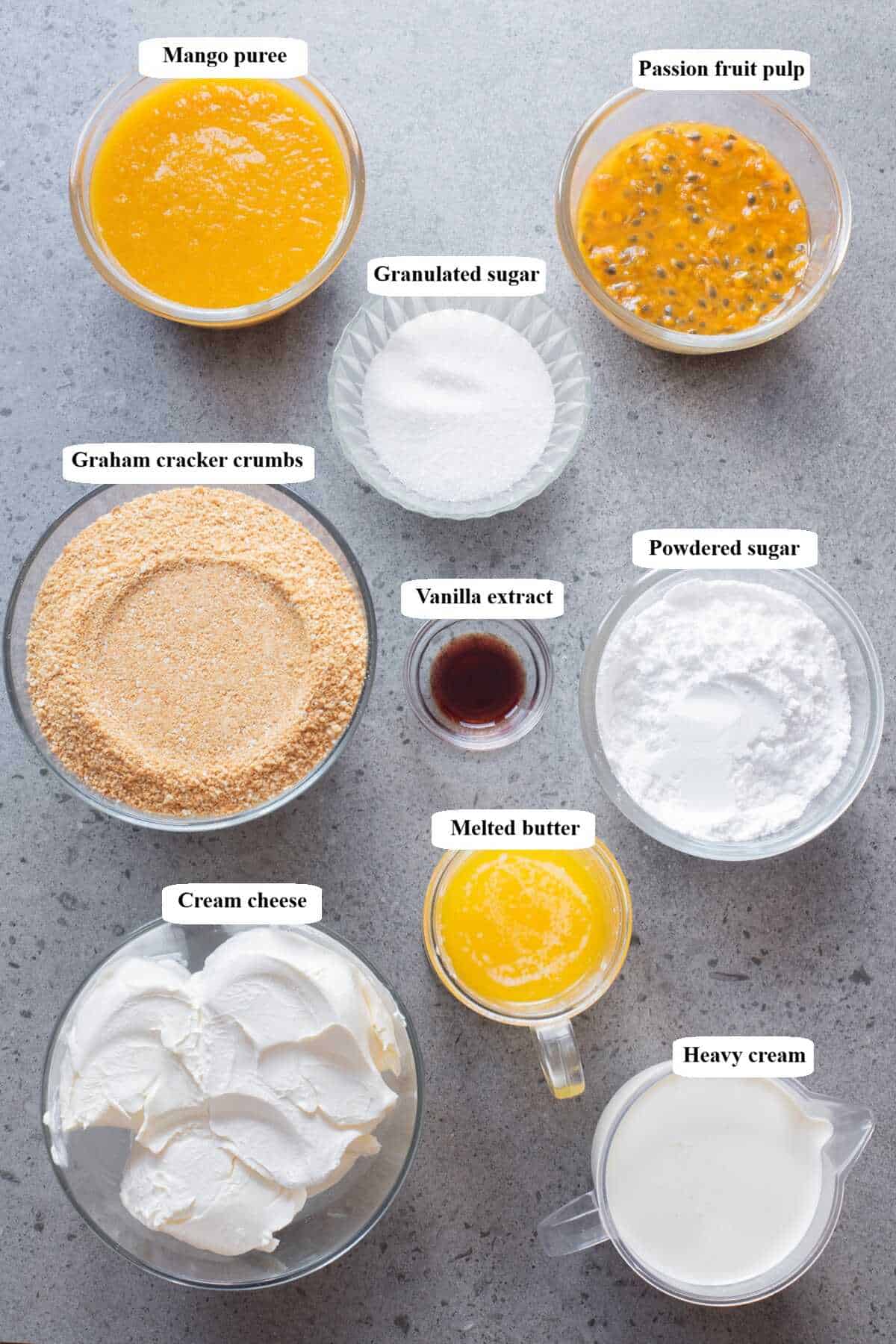 mango passion fruit cheesecake - ingredients list