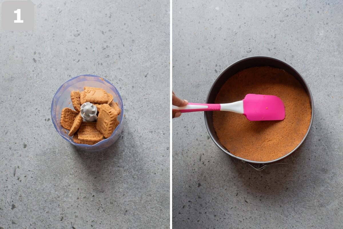 Mix Biscoff cookie crumbs, melted butter, and optional salt.