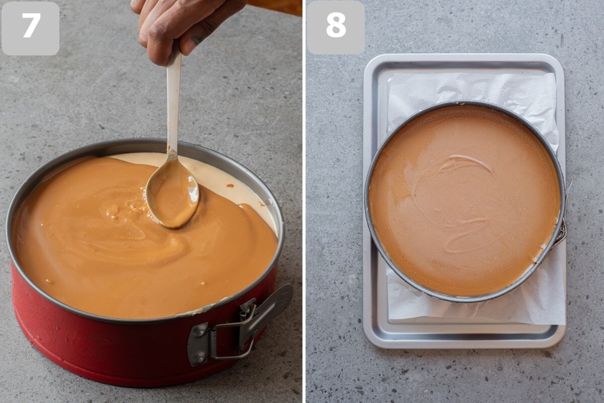 Pour melted Biscoff topping over the cheesecake, spread evenly, and chill for at least 6 hours.