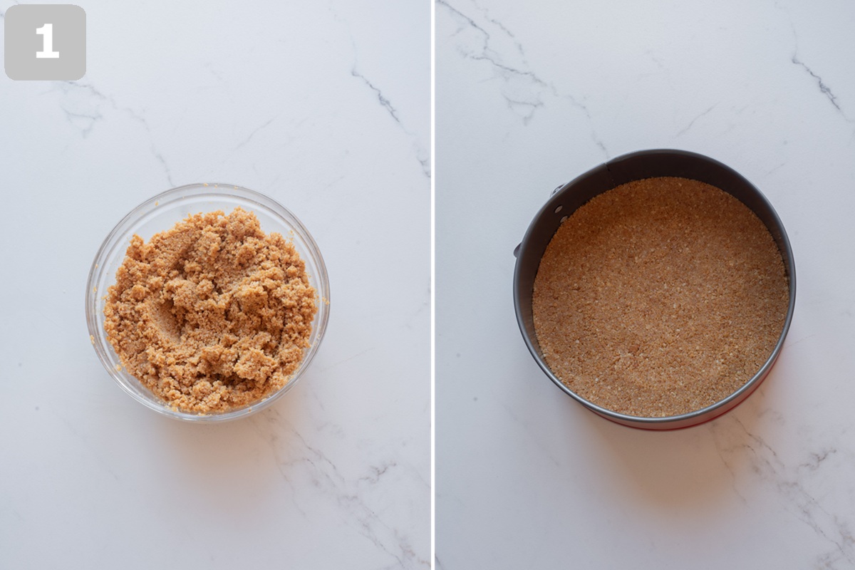 Mix graham crumbs, sugar, and butter, press into a springform pan, and chill while preparing the filling.