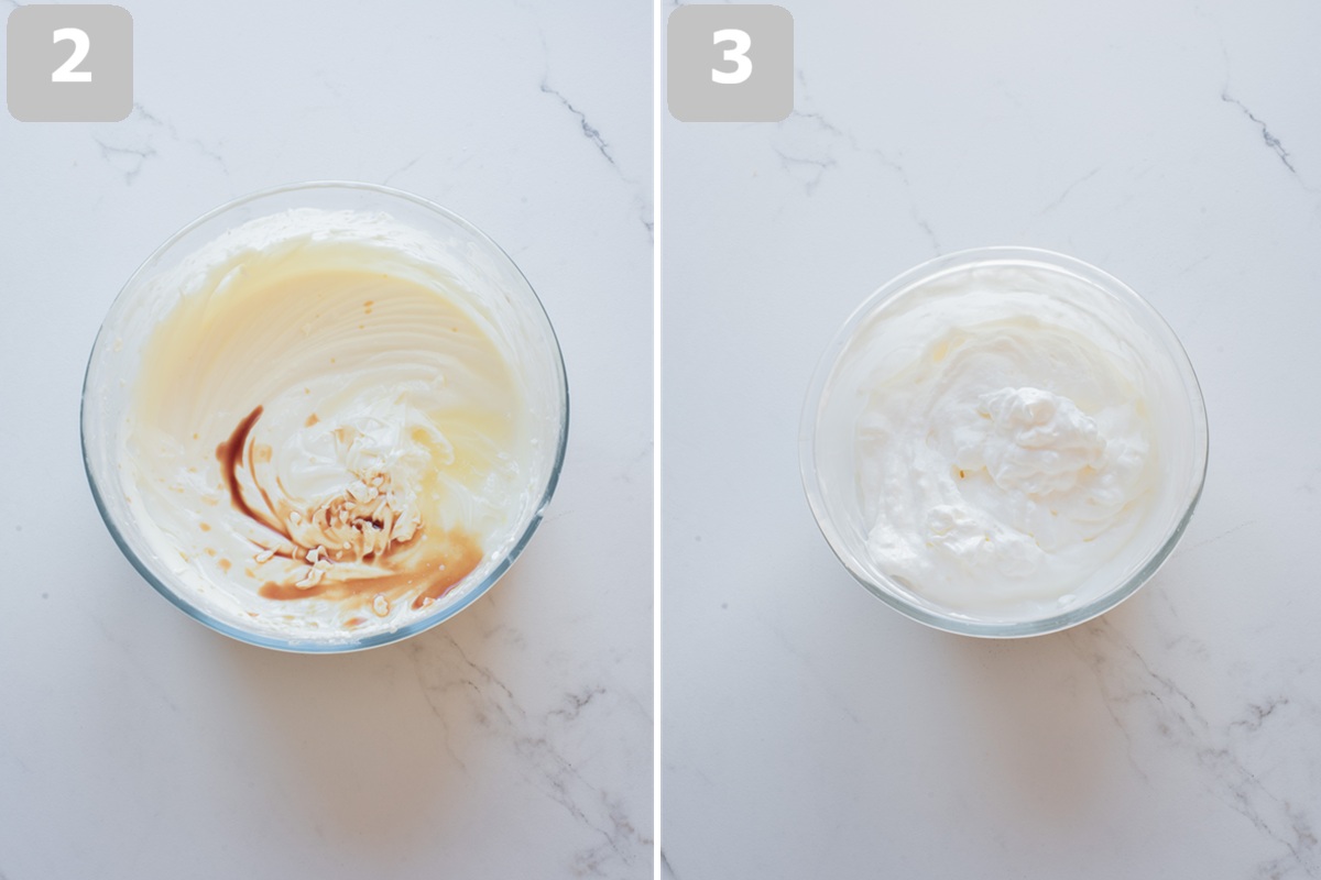 Beat cream cheese, mascarpone, sugar, vanilla, and lemon until smooth, then whip cream to soft peaks.