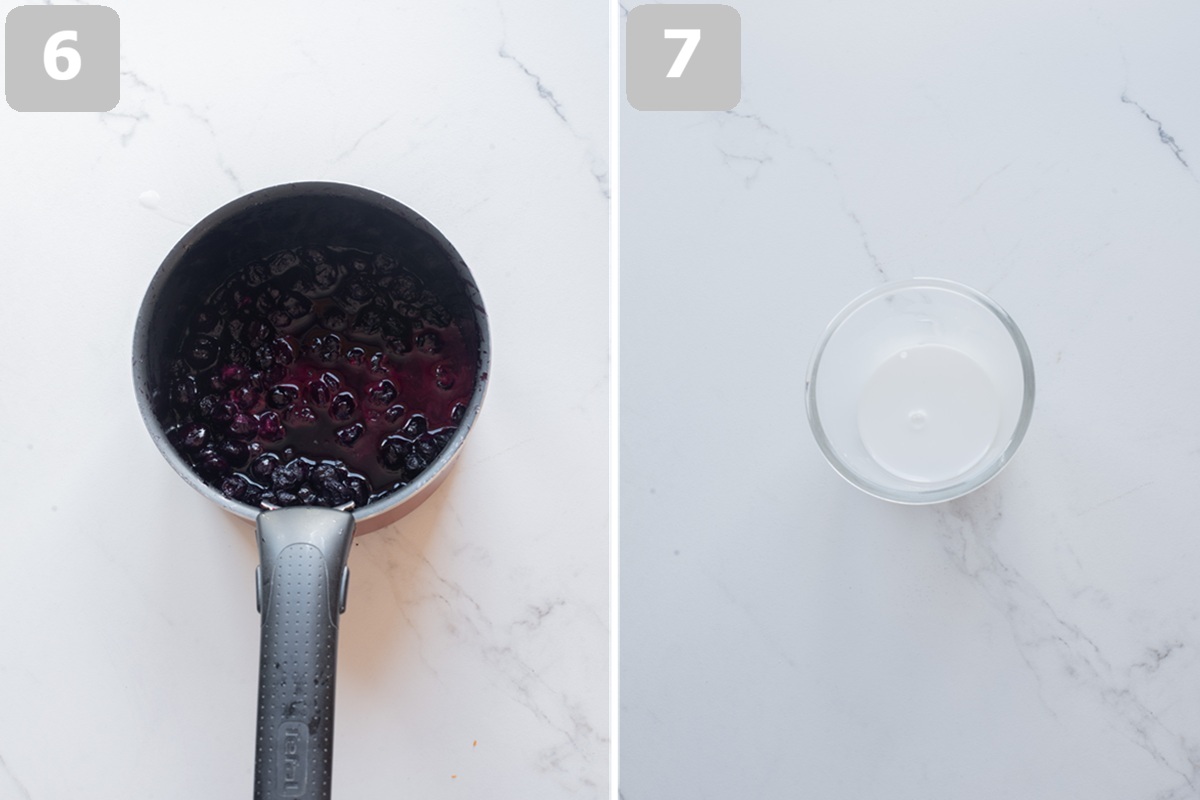 Cook blueberries with sugar and lemon juice until juicy, then mix cornstarch with water to make a slurry.