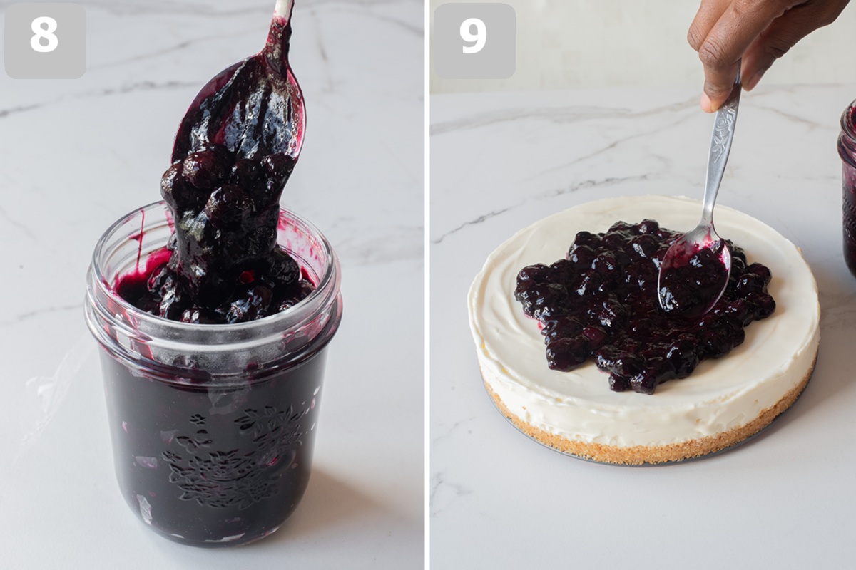 Stir slurry into berries and cook until thickened, cool completely, then top cheesecake with compote and optional berries or edible flowers.